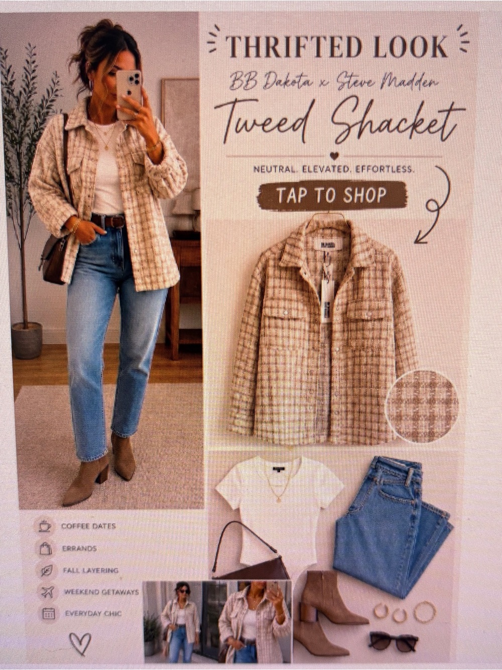 BB Dakota Neutral Beige Plaid Tweed Shacket